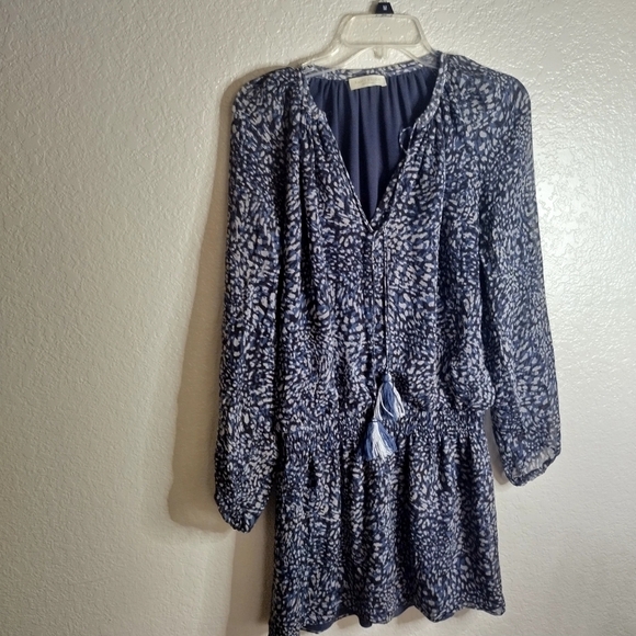 Ramy Brooke silk Long Sleeve V-Neck Smocked Drop Waist Blue Abstract Dress sz M - Picture 2 of 9